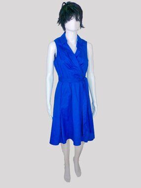 DR Collections Royal Blue Pleated Sleeveless Midi Tie Wrap Women's Dress